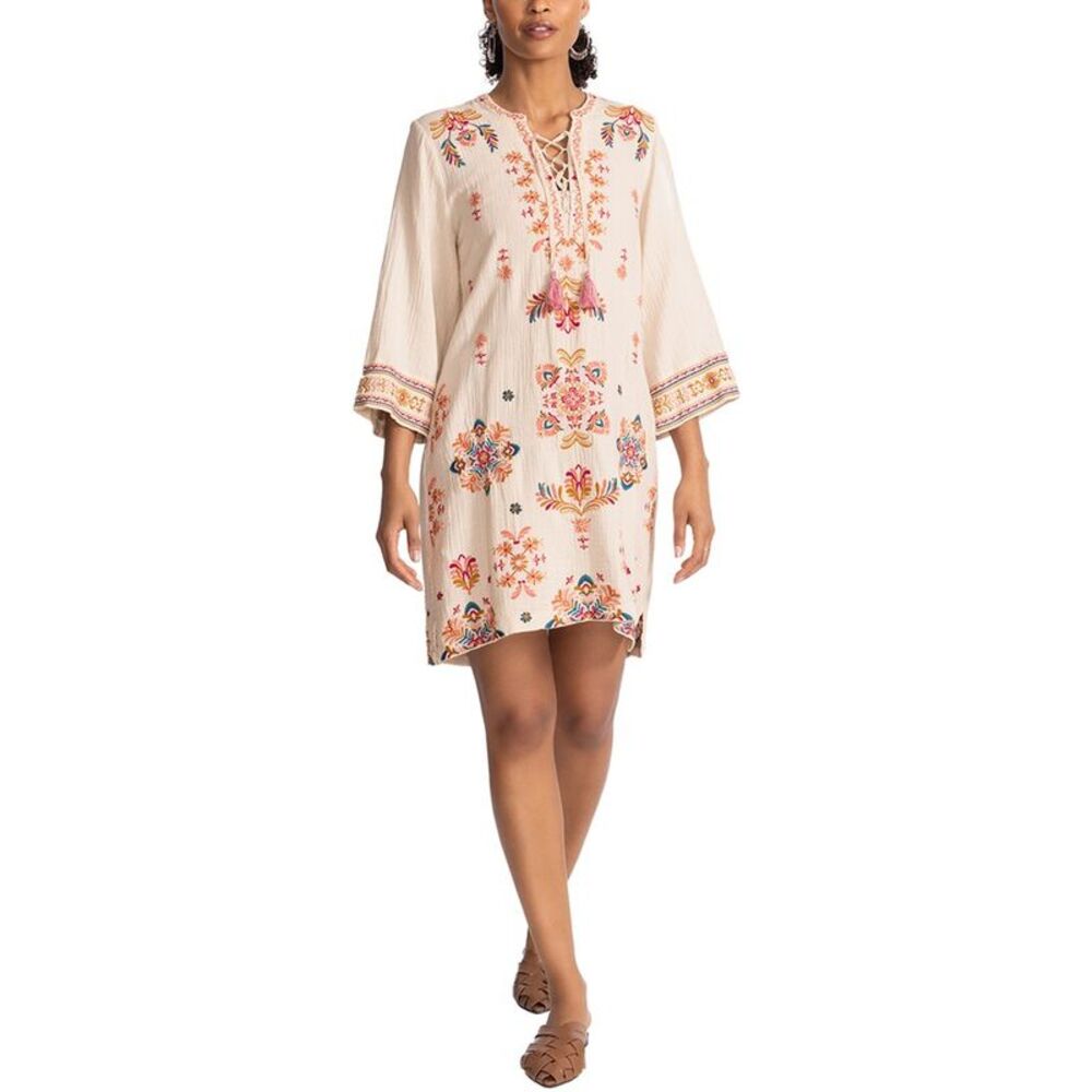 Johnny Was Cream Embroidered Midi Dress with Multicolor Floral Motifs